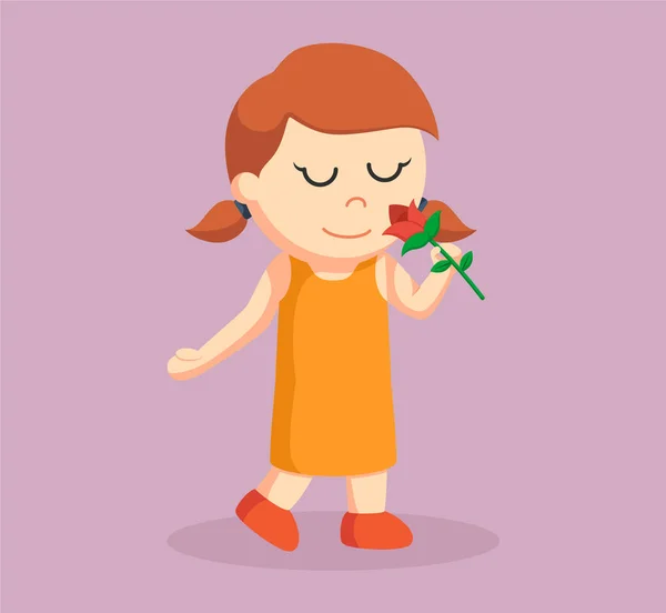 stock vector little girl smelling rose flower