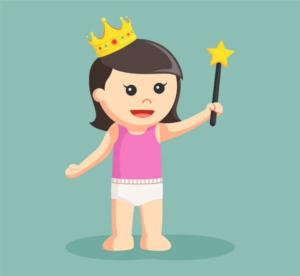 Bambina con corona e bacchetta stella — Vettoriale Stock
