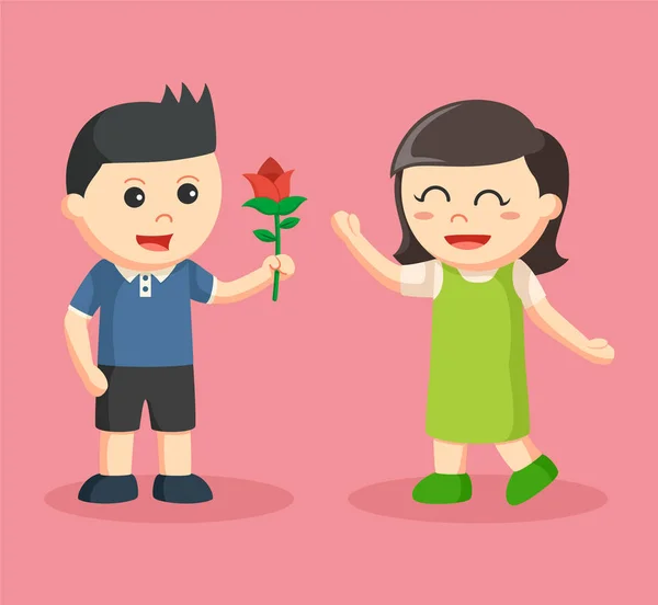 Мальчик дарит цветок девушке — стоковый вектор