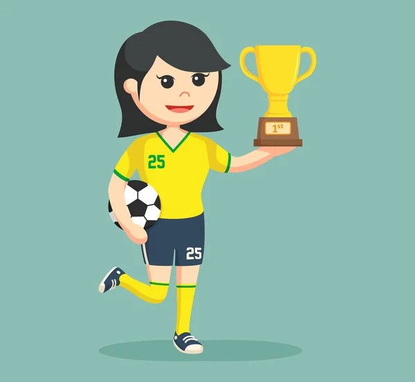Bola de futebol menina jogador com troféu — Vetor de Stock