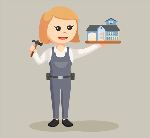 Mulher carpinteiro com casa em miniatura — Vetor de Stock