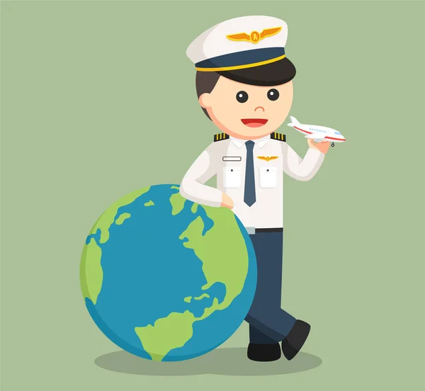 Pilot met grote globe en vliegtuig speelgoed — Stockvector