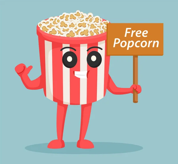 Popcorn character with free popcorn sign — Stock Vector