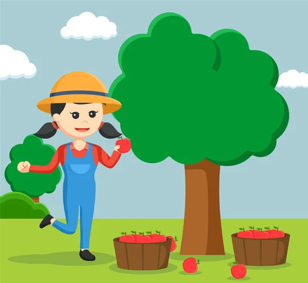 Agricultor mulher colheita macieira — Vetor de Stock