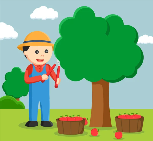 Farmer pruning apple tree — Stock Vector