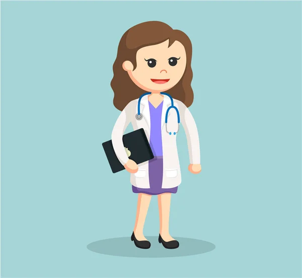 Mujer médico celebración portátil — Vector de stock