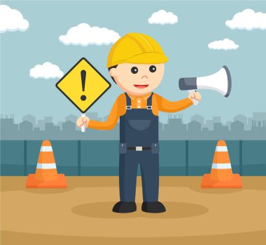 uyarı işareti ve megafon holding inşaat işçisi