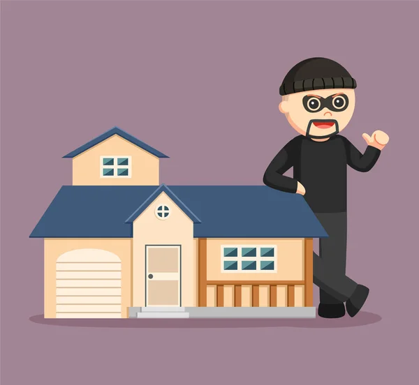 Man thief standing beside miniature house — Stock Vector