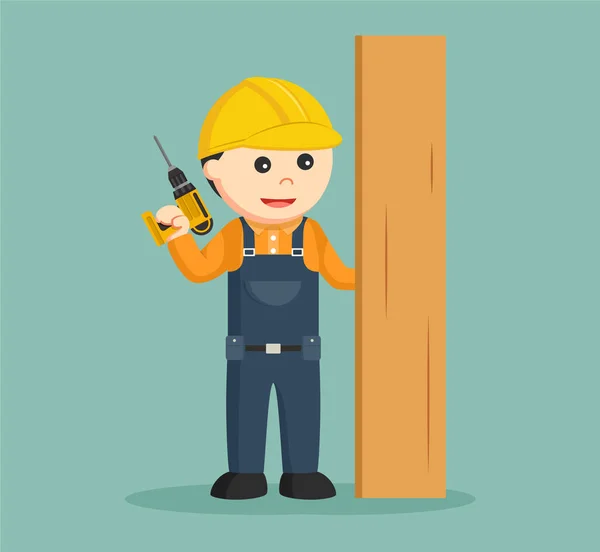 Travailleur de la construction tenant foret et planche de bois — Image vectorielle