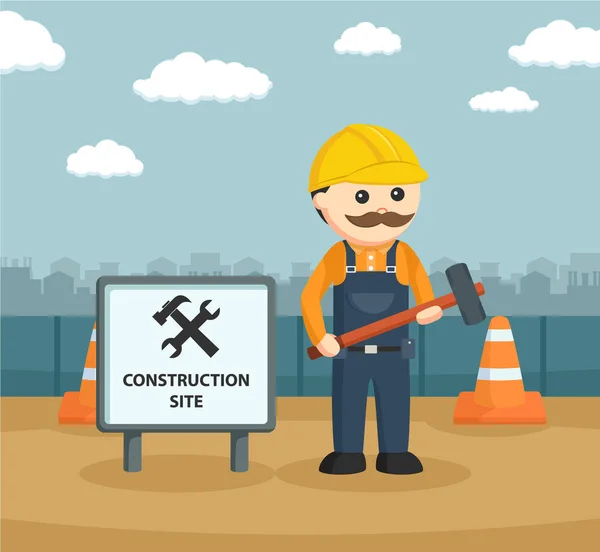Obrero de la construcción sosteniendo martillo al lado signo — Vector de stock