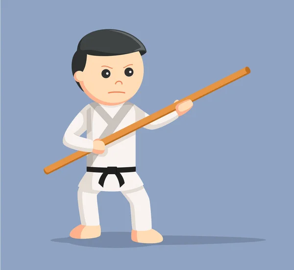 Karate hombre holding bo personal — Vector de stock