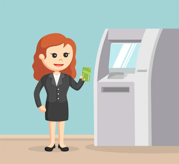 Business woman using atm machine — Stock Vector