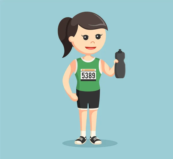 Female marathon runner holding water bottle — Stock Vector