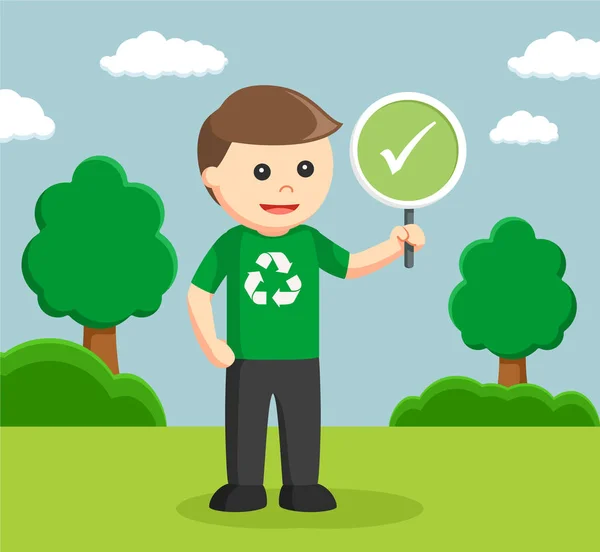 Homem ativista ambiental com sinal checklist — Vetor de Stock