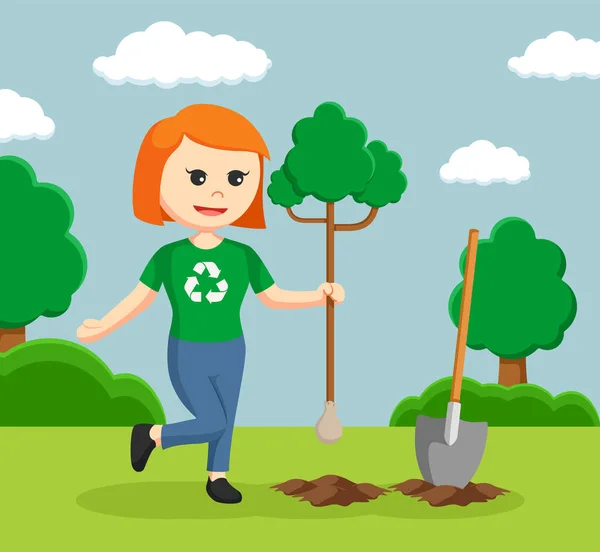 Woman environmental activist planting tree — Stock Vector