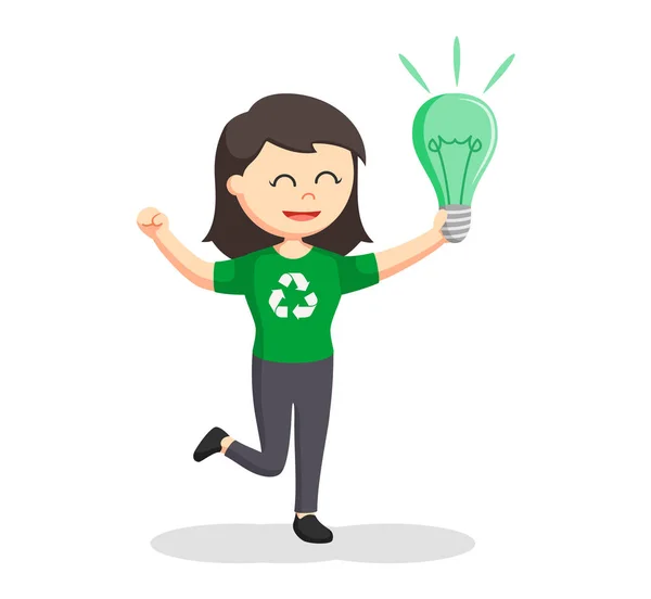 Woman environmental activist with green bulb — Stock Vector
