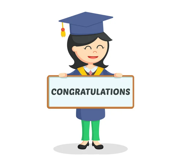 Graduada estudiante con signo de felicitación — Vector de stock