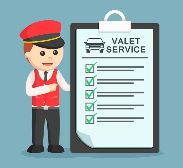 Male valet with valet services clipboard — Stock Vector