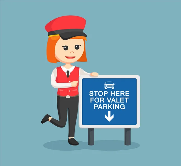 Female valet standing beside sign — Stock Vector