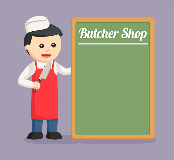 Slaktaren man med butcher shop styrelse — Stock vektor