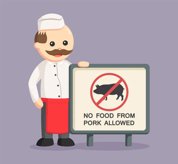 Fat butcher man with forbidden pork meat sign — Stock Vector