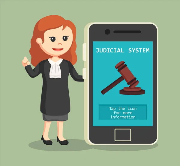 Julgar mulher com sistema judicial no smartphone —  Vetores de Stock