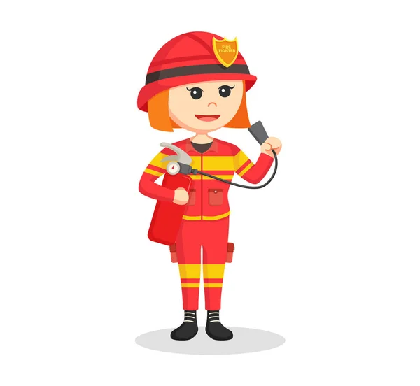 Feuerwehrfrau hält Feuerlöscher in der Hand — Stockvektor