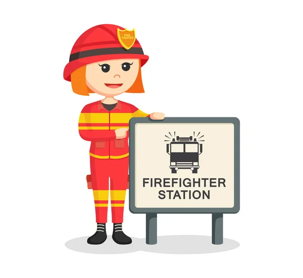 Mujer bombero con letrero de estación de bomberos — Vector de stock