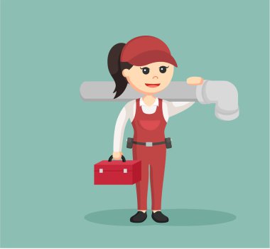 female plumber holding tool box and giant pipe clipart
