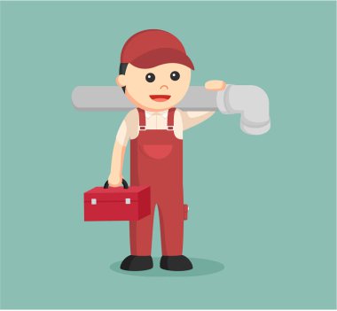 Araç kutusu ve dev boru tutarak tesisatçı