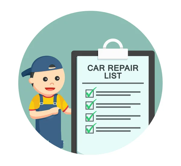 Mecânico com lista de reparação de automóveis em círculo fundo — Vetor de Stock