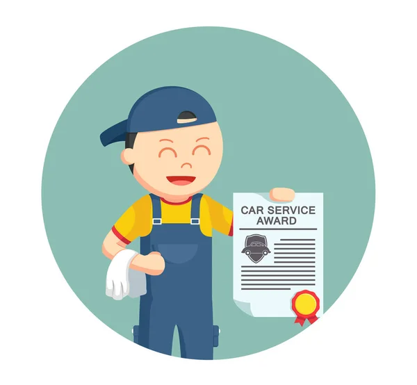 Mechanic with certificate car award in circle background — Stock Vector