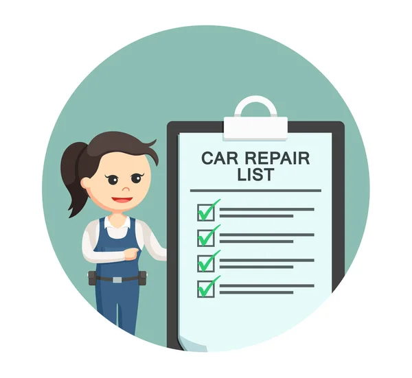 Meccanico ragazza con lista di riparazione auto in cerchio di sfondo — Vettoriale Stock