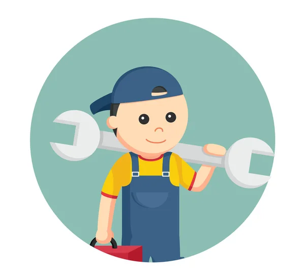 Mechanic with big wrench and tool box in circle background — Stock Vector