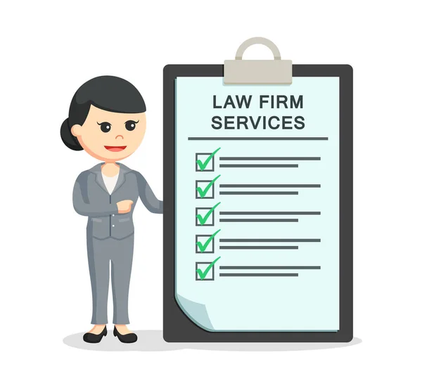 Avvocato donna con servizi di studio legale appunti — Vettoriale Stock