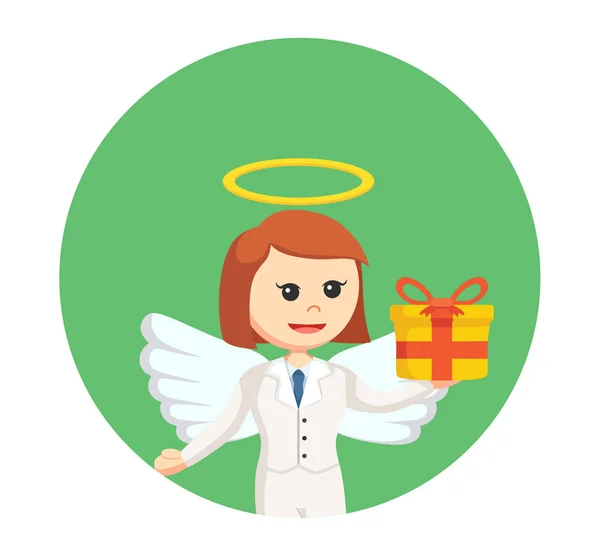 Femme d'affaires ange avec boîte cadeau en arrière-plan cercle — Image vectorielle