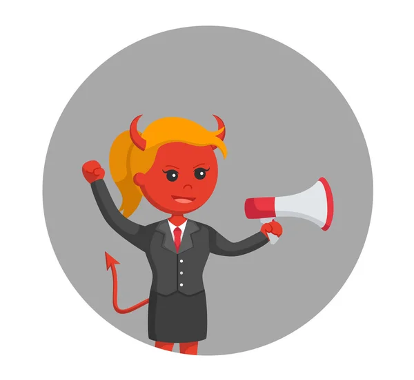 Diable femme d'affaires avec mégaphone en arrière-plan cercle — Image vectorielle