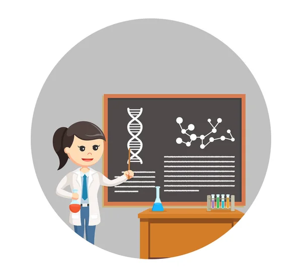 Mulher cientista ensinando em sala de aula em círculo fundo —  Vetores de Stock