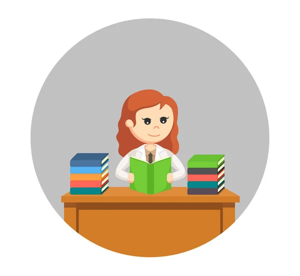 Žena vědec čtení knih v kruhu pozadí — Stockový vektor