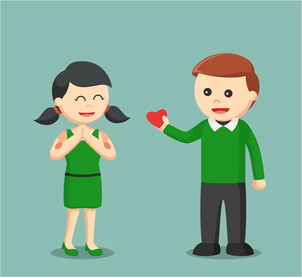 Hombre dando chica pedazo de corazón — Vector de stock