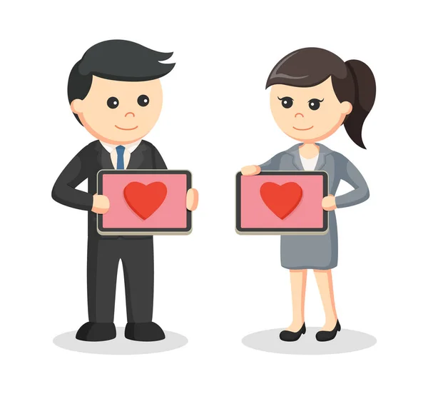 Couple d'affaires avec icône de l'amour dans leur tablette — Image vectorielle