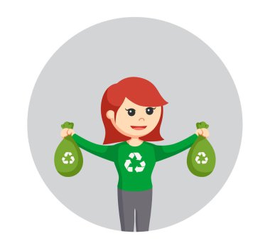 kadın çevre aktivisti ile geri dönüşüm plastik torba içinde daire arka plan