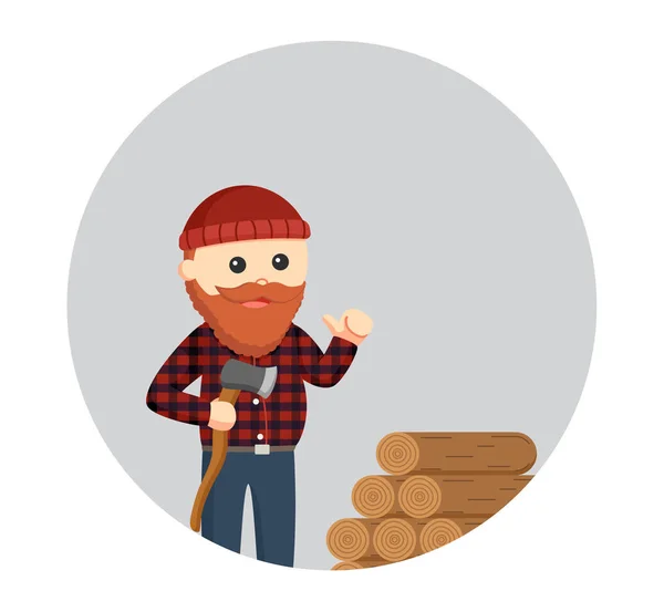 Fat lumberjack with woods logs in circle background — Stock Vector