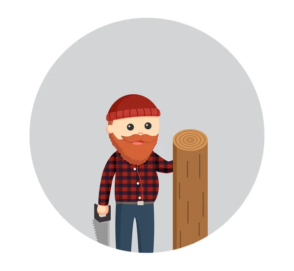 Fat lumberjack with saw and big wood log in circle background — Stock Vector