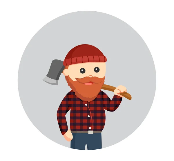 Fat lumberjack carrying axe on his shoulder in circle background — Stock Vector