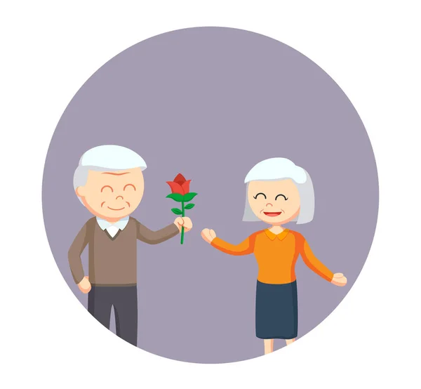 Старий дає троянду квітка старій жінці на колі фоні — стоковий вектор