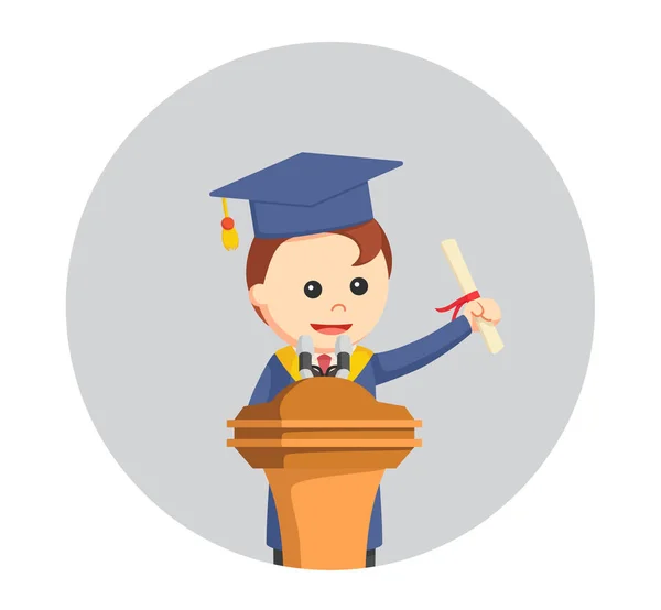 Graduado macho estudiante dando discurso en círculo fondo — Vector de stock