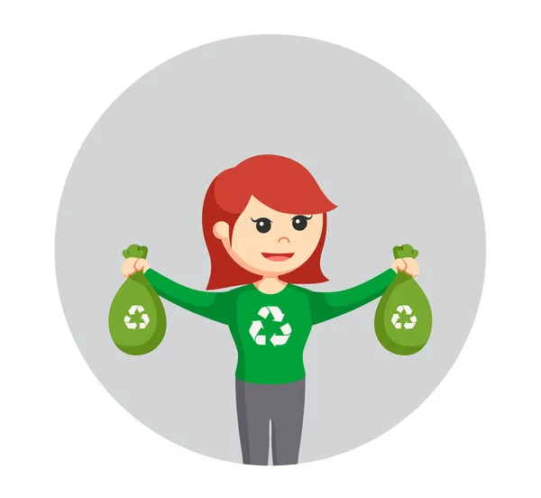 Ativista ambiental mulher com reciclar saco de plástico em círculo fundo — Vetor de Stock