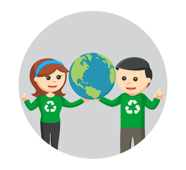 Couple environmental activist holding earth in circle background — Stock Vector