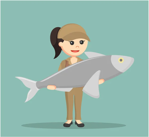 Fisher woman holding giant fish — Stock Vector